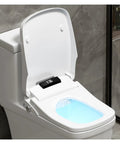 Auto Lift Square Smart Heated Bidet Seat With Electronic Display Warm Water Spray Gentle Hygiene Game Changer No Fuss Bathroom Upgrade Fits Standard Toilets showing open lid with digital panel and blue light.