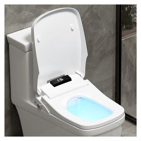 Auto Lift Square Smart Heated Bidet Seat With Electronic Display Warm Water Spray Gentle Hygiene Game Changer No Fuss Bathroom Upgrade Fits Standard Toilets showing open lid with digital panel and blue light.