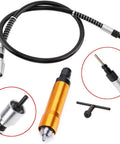 No Sweat One Eighth Inch Flexible Shaft Adapter Chuck With Secure Wrench, features orange cylinder and flexible shaft for rotary tools.