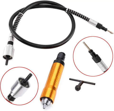 No Sweat One Eighth Inch Flexible Shaft Adapter Chuck With Secure Wrench, features orange cylinder and flexible shaft for rotary tools.