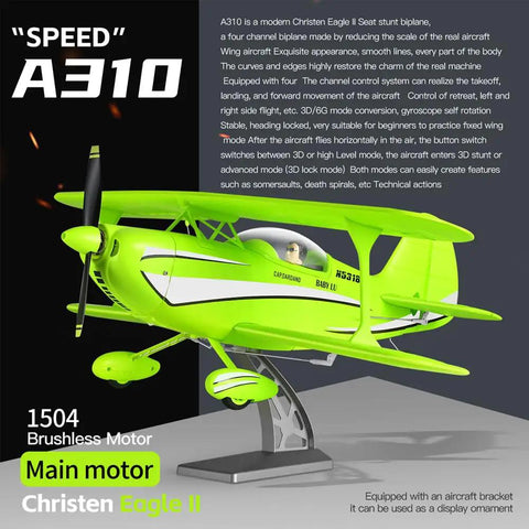 Bright green Christen Eagle II RC biplane on stand, featuring brushless motor and detailed technical text, labeled 'Speed' A310.