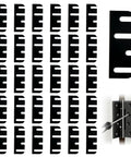 30 Pack 4 Inch Door Hinge Shims Kit for quick adjustment, black PVC shims shown with hinge applied, fix sagging doors