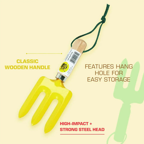 Kid Friendly Garden Hand Fork Mini Steel Digging Tool With Wooden Handle Durable Little Gardening Tool For Children Yellow
