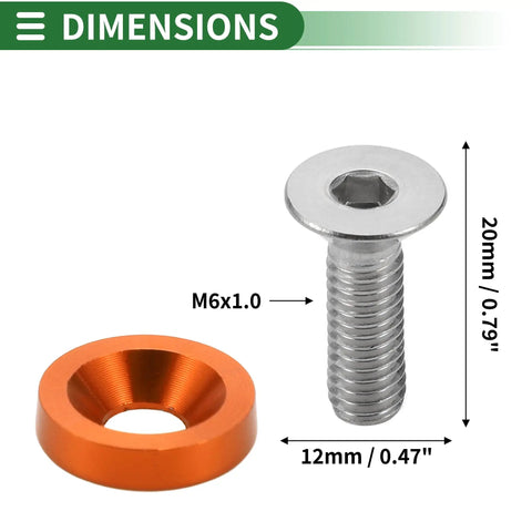 Universal Car Modification M6 Gasket Bolt For License Plate Frame, M6x1.0, Aluminum Alloy, Orange, side view with dimensions