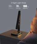Led Desk Lamp With Wireless Charger And USB Port, Dimmable Eye Protecting Desk Light on bedside table, showing night light mode.