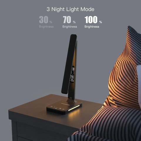 Led Desk Lamp With Wireless Charger And USB Port, Dimmable Eye Protecting Desk Light on bedside table, showing night light mode.