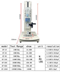 Digital Tensile Tester With Hand Crank Vertical Bench, 10 To 2000N Load Range, 5 Probes And 2 Clamps, 270mm Stroke, Ideal For Material Pull And Compression Tests On Ropes, Wires, Springs, Fishing Lines And More, front view with size chart