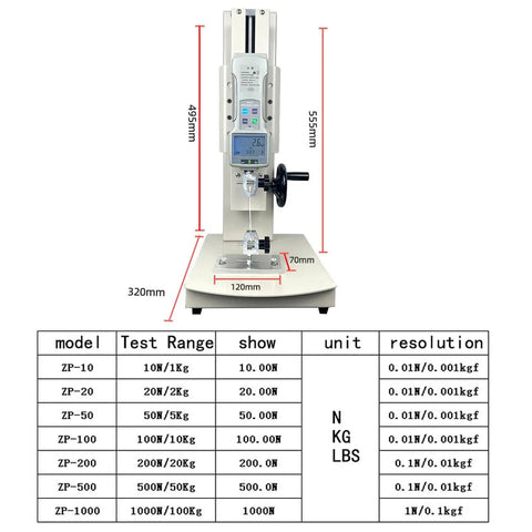 Digital Tensile Tester With Hand Crank Vertical Bench, 10 To 2000N Load Range, 5 Probes And 2 Clamps, 270mm Stroke, Ideal For Material Pull And Compression Tests On Ropes, Wires, Springs, Fishing Lines And More, front view with size chart