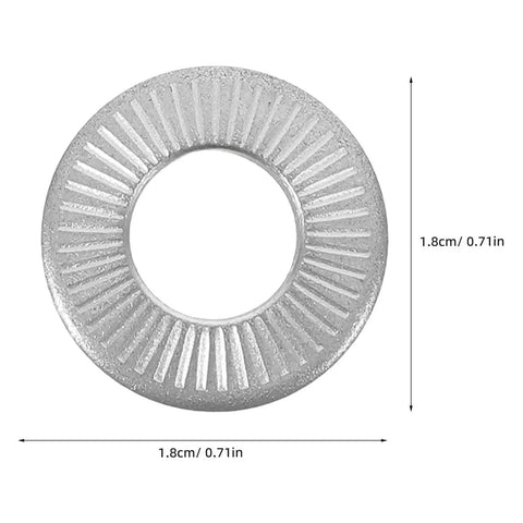 M6 40 Pack Premium 304 Stainless Steel Conical Spring Washers With Single Side Knurl Grip, showing 1.8cm diameter design.