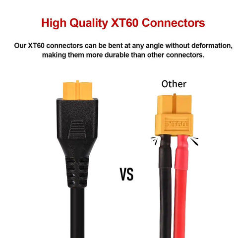 Comparison of XT60 connectors with text highlighting high quality and durability in the 6-In-1 Solar Panel Connector Kit With 12AWG Wire To XT60 Anderson DC7909 DC6530 DC35135 And DC5521 Connectors For Portable Solar Generator Plug-And-Play Waterproof Flexible Heat Resistant 2FT Cable Bundle.