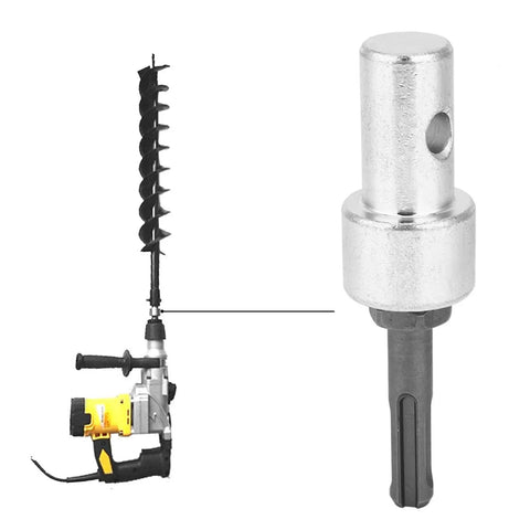 Heavy Duty Round Shank Drill Adapter To Earth Auger Connector Arbor For DIYers And Pros, shown with auger and drill