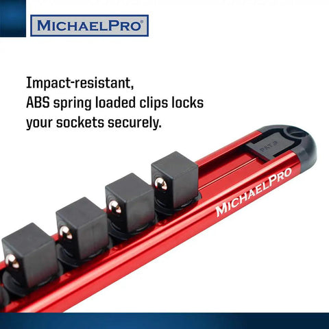 Close-up of Heavy Duty Aluminum Socket Organizer Rail Set for One Quarter Inch Drive Sockets, Portable 15 Inch Rail.
