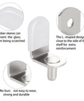 Close-up of No Sweat 100 Pack Cabinet Shelf Pins With Cushioned Sleeves And Adjustable L Shaped Pegs For Kitchen Bookcase Furniture Fixes And Quick Room Organization Hacks In Silver showing white rubber sleeve and L-shaped design for stability.