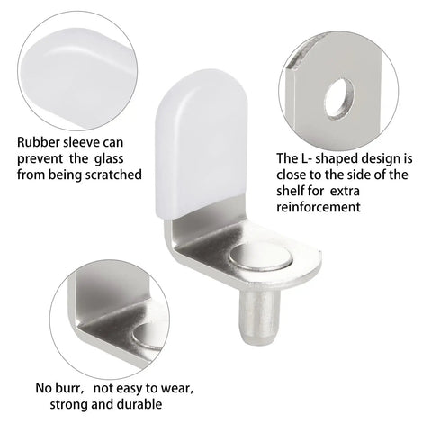Close-up of No Sweat 100 Pack Cabinet Shelf Pins With Cushioned Sleeves And Adjustable L Shaped Pegs For Kitchen Bookcase Furniture Fixes And Quick Room Organization Hacks In Silver showing white rubber sleeve and L-shaped design for stability.