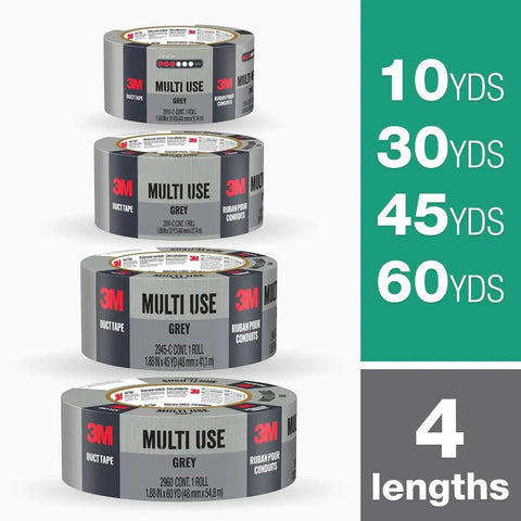 Four rolls of gray multi-use Heavy Duty Duct Tape That Is The Go To For Everyday Fixes With Beast Mode Strong Adhesive And Waterproof Backing 1.88 Inch By 60 Yard Multi Use Tape For Bundling Cords Patching And Reinforcing Durable And Long Lasting.