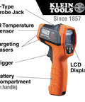 Infrared Thermometer Gun With Dual Laser Targeting For Easy Readouts And 20 To 1 Distance To Spot From Minus Forty To Twelve Hundred Fahrenheit And K Type Probe Built For Worksite Pro And Home Use featuring a K-Type probe jack and LCD display.