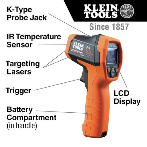Infrared Thermometer Gun With Dual Laser Targeting For Easy Readouts And 20 To 1 Distance To Spot From Minus Forty To Twelve Hundred Fahrenheit And K Type Probe Built For Worksite Pro And Home Use featuring a K-Type probe jack and LCD display.