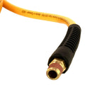 Close-up of braided polyurethane air hose 1/4 inch by 25 feet with bend restrictor and NPT fitting, yellow color, heavy duty 300 PSI.