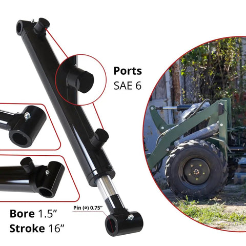 Built Tough Hydraulic Cylinder 1.5 Inch Bore 16 Inch Stroke Welded Ram With Cross Tube Ends Double Acting 3500 PSI SAE 6 Ports 1 Inch Rod Diameter Retracted 24 Inch Extended 40 Inch For Heavy Lifting, black steel cylinder