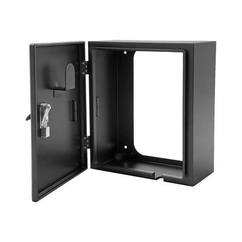 Hella Tough Wall Mounted EV Charger Outdoor Enclosure Rugged Weatherproof Protection Shell with open door and interior view.