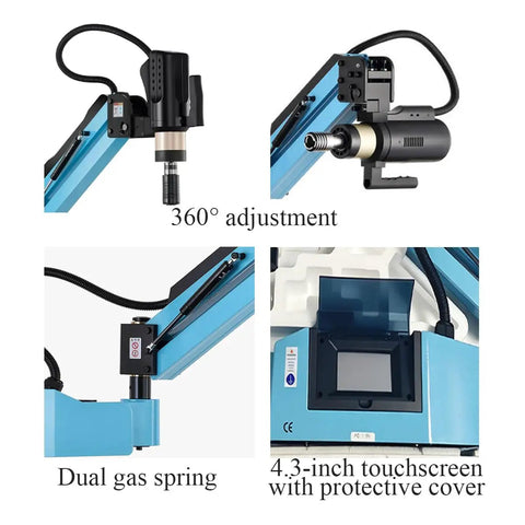 Dejun Electric Tapping Machine M3 To M16 Digital Tapper with 360° adjustment, dual gas spring, and 4.3-inch touchscreen display.