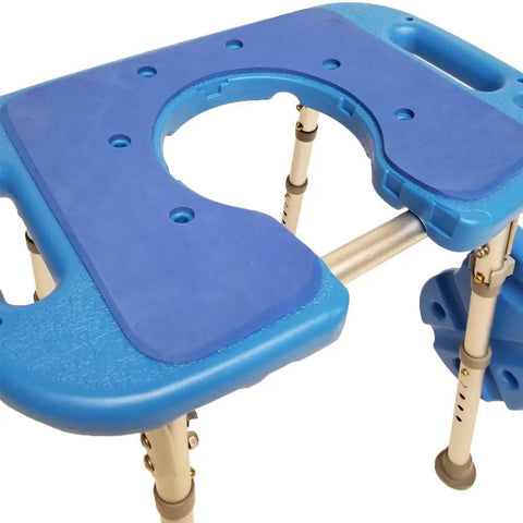 Deluxe Bariatric Shower Bench With 600lb Capacity, blue padded XL seat with commode cutout, non-slip surface, adjustable height legs.