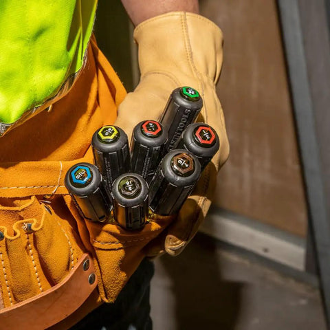 Long Reach Hollow Shaft Nut Driver Set With Cushion Grip Handles, 7-Piece, in tool belt showing color-coded handles