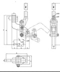 Technical diagram of Heavy Duty Arrow Storage Case Clamp with Toggle Latch, 130 Degree Press Angle, Model GH 70200B dimensions shown.