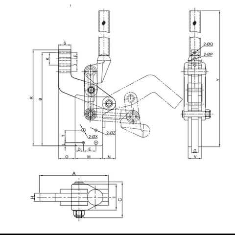 Technical diagram of Heavy Duty Arrow Storage Case Clamp with Toggle Latch, 130 Degree Press Angle, Model GH 70200B dimensions shown.
