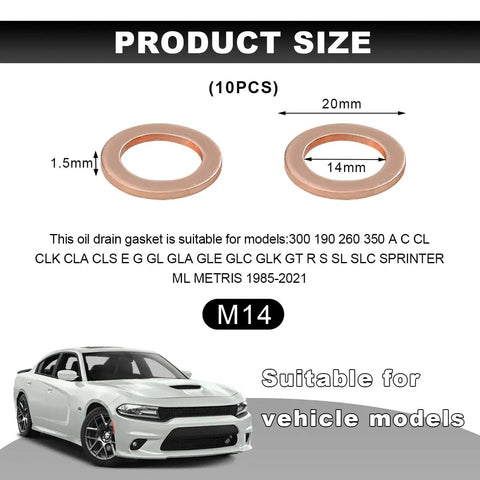 Product Size: Oil Drain Plug Gasket Set, 14mm Copper Crush Washers, diagram with dimensions, suitable vehicle models and car image.