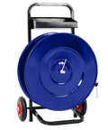Heavy Duty Strapping Dispenser Cart With Fifty Packing Buckles And Solid Emergency Brake, Welded Steel Pallet Wrapping Trolley with blue reel.