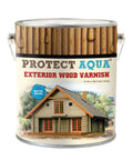 Top Shelf Exterior Wood Stain And Sealant For Decks Fences Pergolas Siding Long Lasting Uv And Water Protection Keeps Everything Looking Crisp Season After Season One Point Three Gallon wood varnish canister with logo and water-based label.
