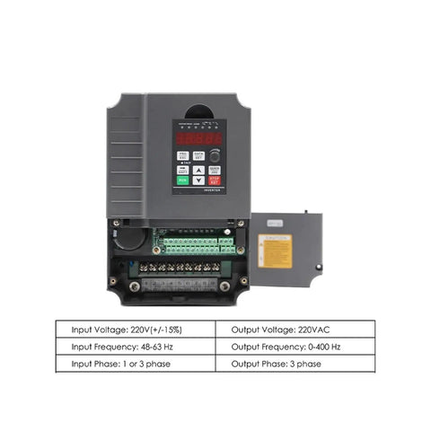 Badass 4.5Kw Water Cooled Spindle With ER20 Collet And Tough Ceramic Ball Bearings Delivers Reliable Torque For Serious CNC Fabrication Work At 380V Power inverter control panel with input/output specifications.