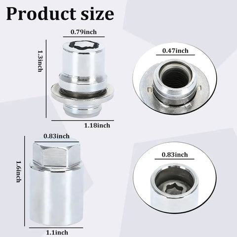 M12 X 1.5 Wheel Lock Lug Nut Set With Key showing dimensions and measurements; silver rugged steel construction for tire security.
