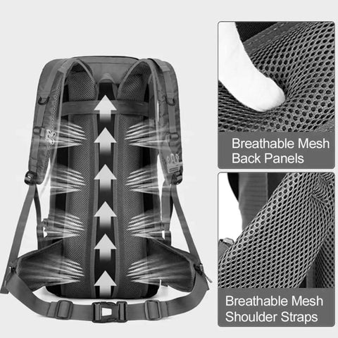 70L Hiking Backpack For Camping And Outdoor Adventures Water Resistant Climbing Gear Bag showing breathable mesh back panel