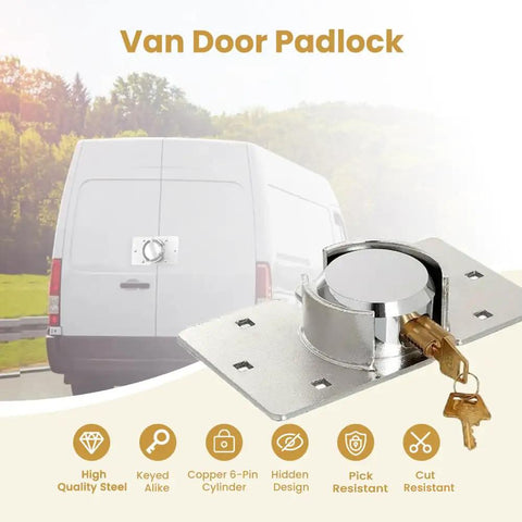 Beefy Heavy Duty Padlock Set Keyed Alike 2 Pack With Solid Steel Hasp 73MM for vans showing lock on van door
