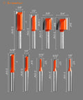 Carbide Straight Router Bit Set With One Quarter Inch Shank Nine Size Pack For Woodworking Includes One Eighth Five Thirty Seconds Three Sixteenths One Quarter Five Sixteenths Three Eighths One Half Five Eighths Three Quarters Inch Cutting Diameters For, showing sizes.