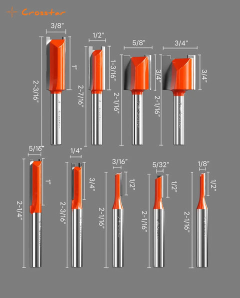 Carbide Straight Router Bit Set With One Quarter Inch Shank Nine Size Pack For Woodworking Includes One Eighth Five Thirty Seconds Three Sixteenths One Quarter Five Sixteenths Three Eighths One Half Five Eighths Three Quarters Inch Cutting Diameters For, showing sizes.