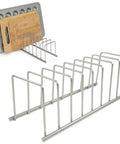 Heavy Duty Metal Kitchen Organizer Featuring An Eight Slot Cutting Board Holder Stand For Countertop Or Cabinet Setup With Cutting Boards.
