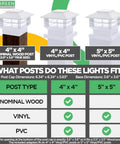 Two Tier Solar Post Cap Lights For 4x4 And 5x5 Posts White Waterproof Outdoor LED Fence Post Landscaping Deck Lighting 8 Pack model sizes and compatibility chart