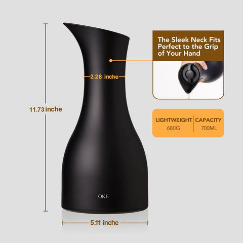 Double Walled Vacuum Glass Carafe Keeps Tea, Coffee, And Water Hot Or Cold For 24 Hours with sleek black design, 11.73 inches tall.