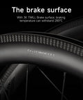 Close-up of 700C Carbon Road Bike Wheelset with 3K Twill brake surface, 50mm depth, UD matte finish, and wind-breaking profile