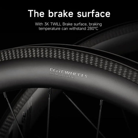 Close-up of Carbon Fiber Road Bike Wheels 38mm Tubeless Ready Clincher Rims 700C with 3K Twill brake surface.
