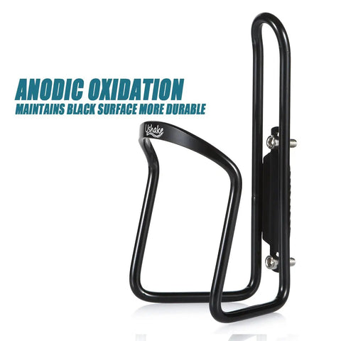Side view of a black lightweight aluminum water bottle cage for MTB bikes, featuring anodic oxidation for durability and easy mounting.