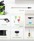 HX3000 Portable Pressure Washer With Hose Reel, 1800W Electric Power Washer with accessories including lance, nozzles, and soap bottle.