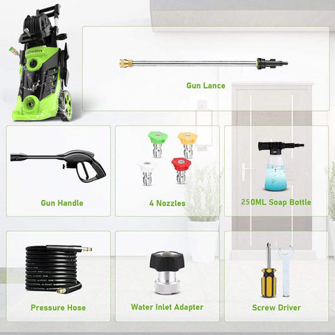 HX3000 Portable Pressure Washer With Hose Reel, 1800W Electric Power Washer with accessories including lance, nozzles, and soap bottle.