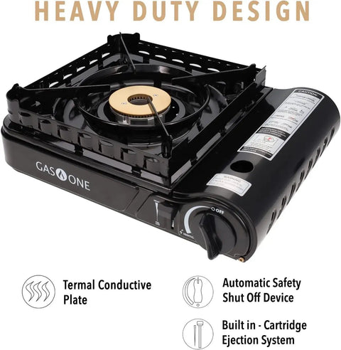 15,000 BTU Dual Fuel Portable Camp Stove With Carry Case For Propane Or Butane Piezo Ignition Includes 4 Butane Cans Patented Design