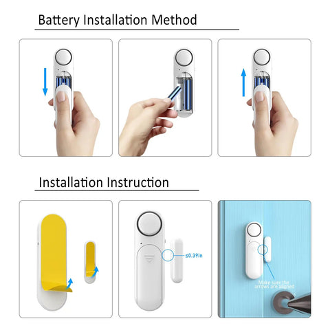 Two Pack Window And Door Alarm Kit With Remote For Home Safety And Dementia Care installation guide showing battery insertion and mounting steps.