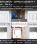 Diagram showing multi-control setup for WiFi Wall Push Button Smart Light Switch 2 Gang With Neutral Wire in Smart Life app.
