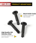 Heavy Duty Number 12 X 1 Inch Pan Head Sheet Metal Screws Phillips Drive Self Tapping Wood Screws Black Oxide 410 Stainless Steel 50 Pack close-up showing screw details.
